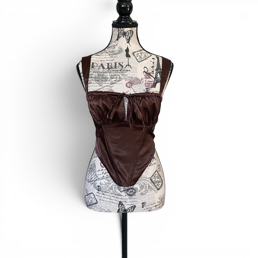 Tic Toc Corset Top Women Large Brown‎ Satin Bustier Tie Front Coquette